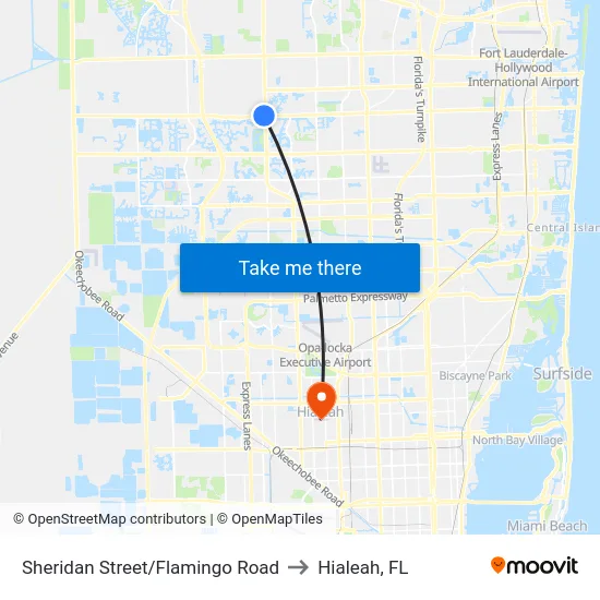 Sheridan Street/Flamingo Road to Hialeah, FL map