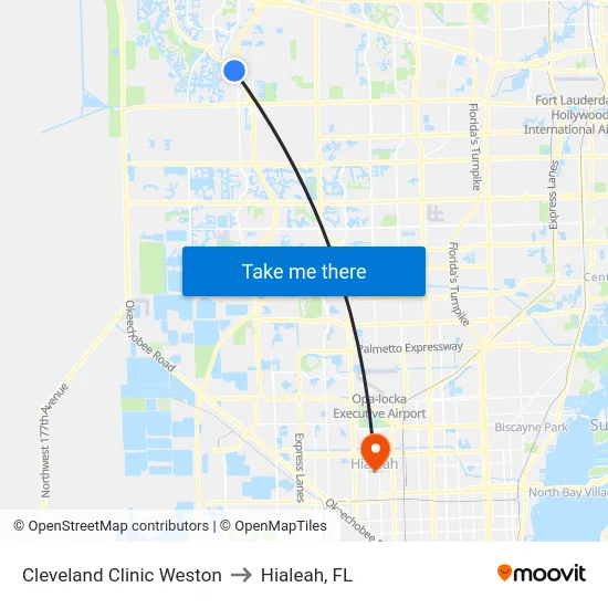 Cleveland Clinic Weston to Hialeah, FL map