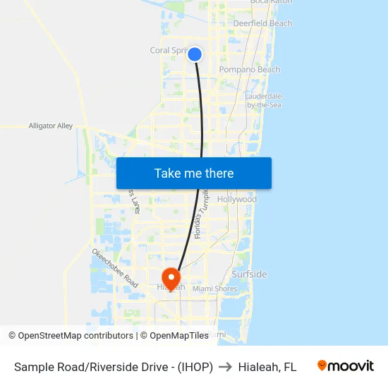 Sample Road/Riverside Drive - (IHOP) to Hialeah, FL map