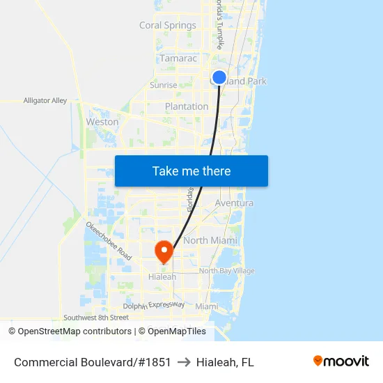Commercial Boulevard/#1851 to Hialeah, FL map