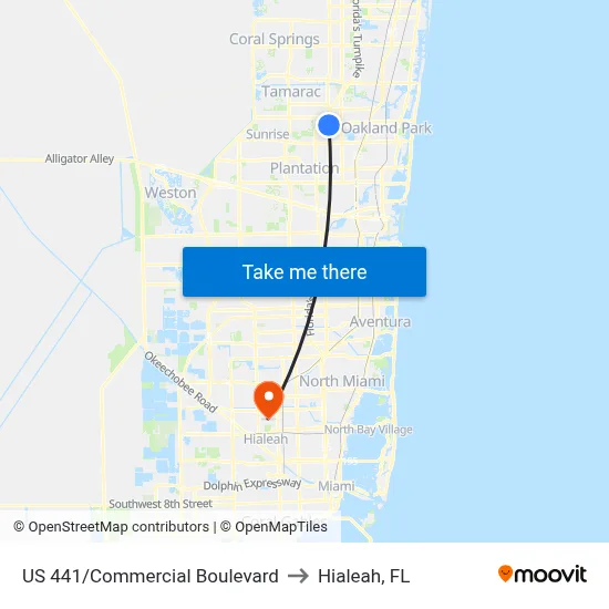 US 441/Commercial Boulevard to Hialeah, FL map
