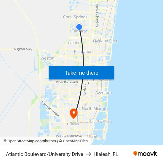 Atlantic Boulevard/University Drive to Hialeah, FL map