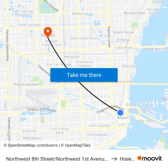 Northwest 8th Street/Northwest 1st Avenue - (Overtown Metrorail Station) to Hialeah, FL map