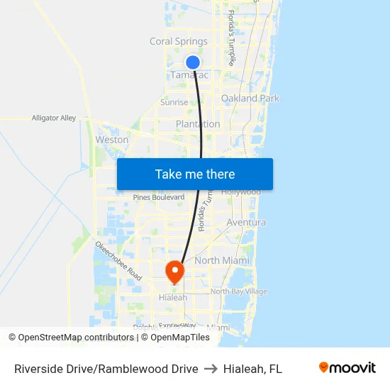 Riverside Drive/Ramblewood Drive to Hialeah, FL map