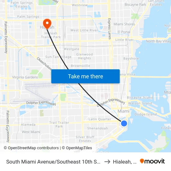 South Miami Avenue/Southeast 10th Street to Hialeah, FL map
