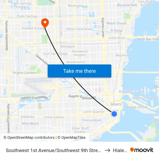 Southwest 1st Avenue/Southwest 9th Street - (Brickell Metrorail Station) to Hialeah, FL map