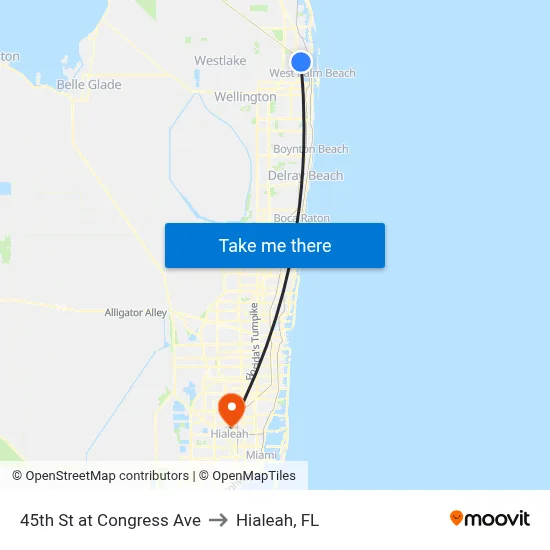 45th St at Congress Ave to Hialeah, FL map