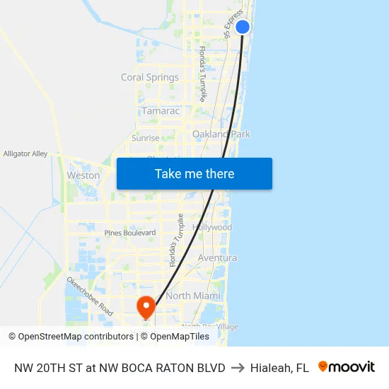 NW 20TH ST at NW  BOCA RATON BLVD to Hialeah, FL map