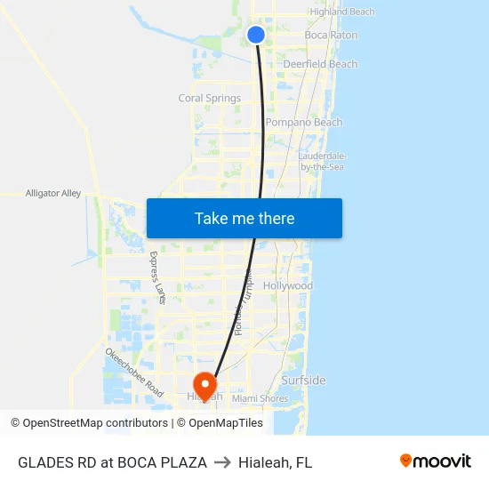 GLADES RD at BOCA PLAZA to Hialeah, FL map