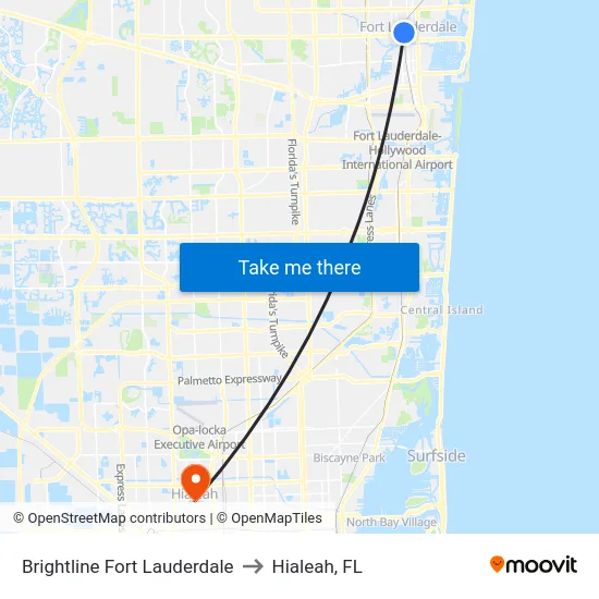 Brightline Fort Lauderdale to Hialeah, FL map