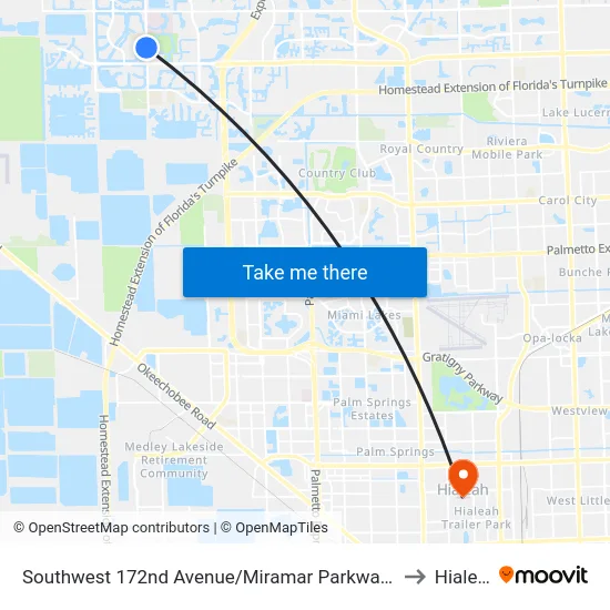 Southwest 172nd Avenue/Miramar Parkway -(Miramar Regional Park P&R) to Hialeah, FL map