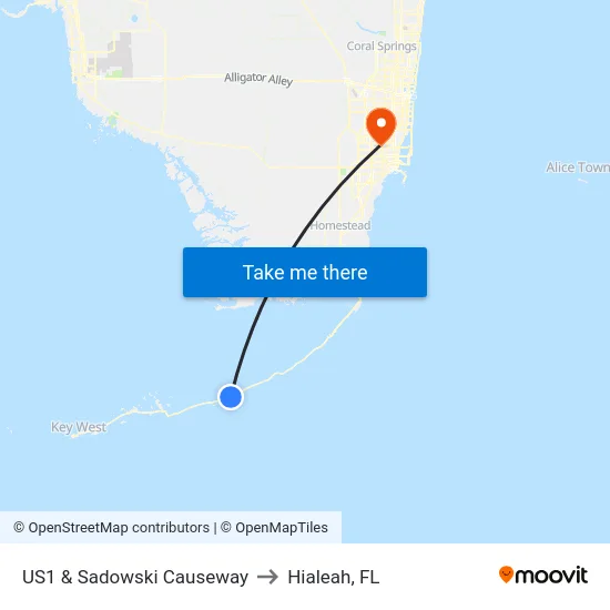 US1 & Sadowski Causeway to Hialeah, FL map