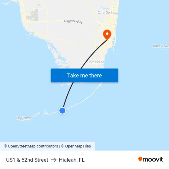 US1 & 52nd Street to Hialeah, FL map