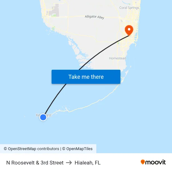 N Roosevelt & 3rd Street to Hialeah, FL map