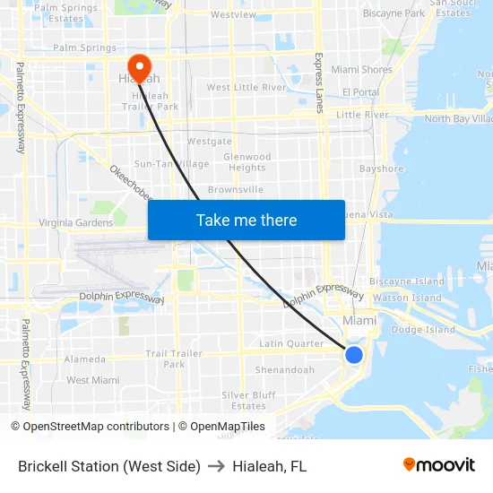 Brickell Station (West Side) to Hialeah, FL map
