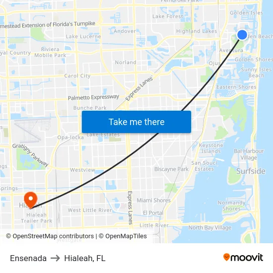 Ensenada to Hialeah, FL map
