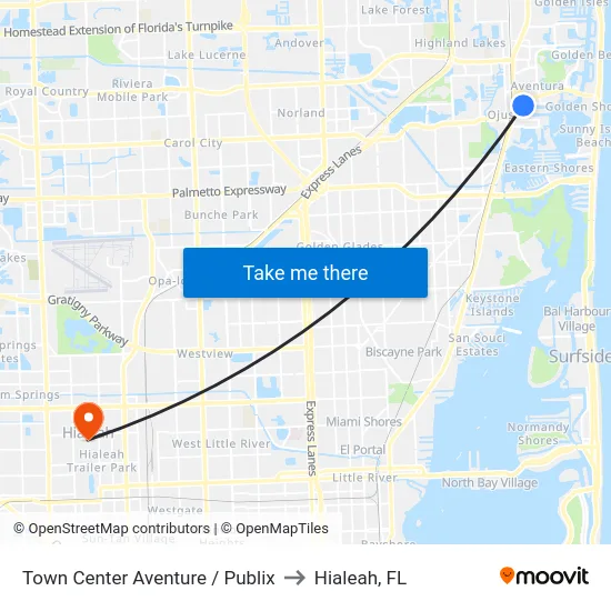 Town Center Aventure / Publix to Hialeah, FL map