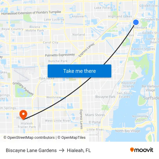 Biscayne Lane Gardens to Hialeah, FL map