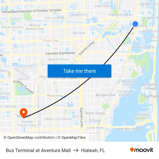 Bus Terminal at Aventura Mall to Hialeah, FL map