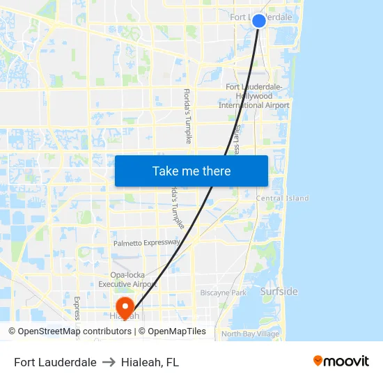 Fort Lauderdale to Hialeah, FL map