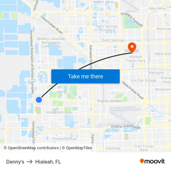 Denny's to Hialeah, FL map