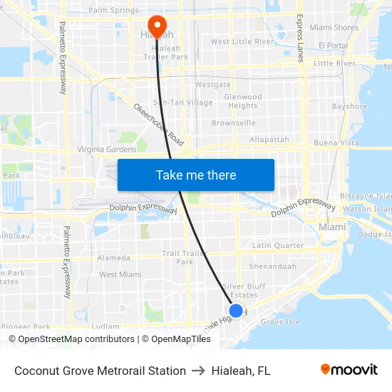 Coconut Grove Metrorail Station to Hialeah, FL map
