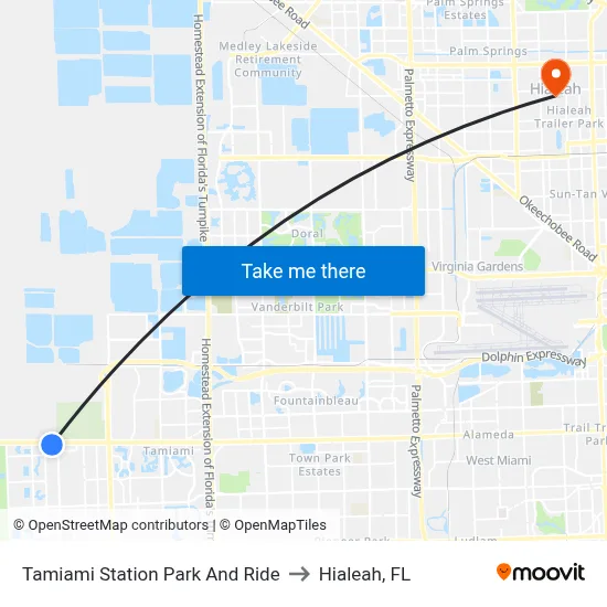 Tamiami Station Park And Ride to Hialeah, FL map