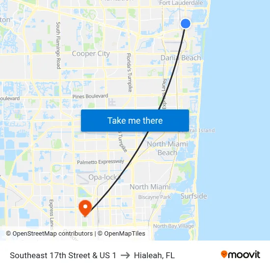 Southeast 17th Street & US 1 to Hialeah, FL map