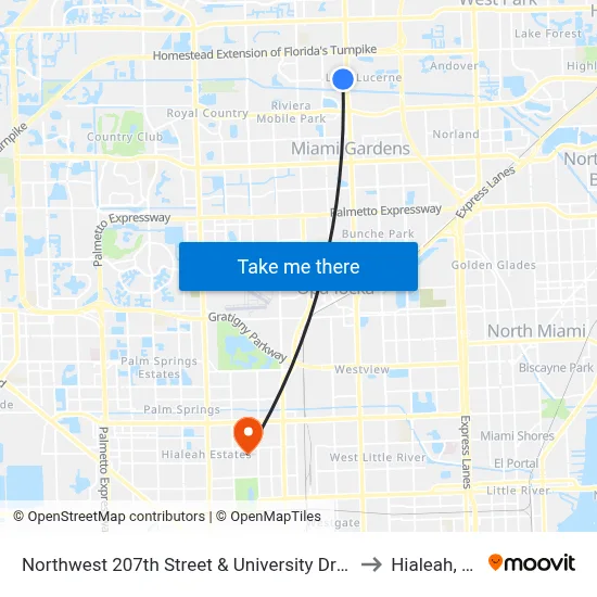 Northwest 207th Street & University Drive to Hialeah, FL map
