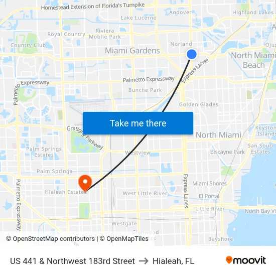 US 441 & Northwest 183rd Street to Hialeah, FL map