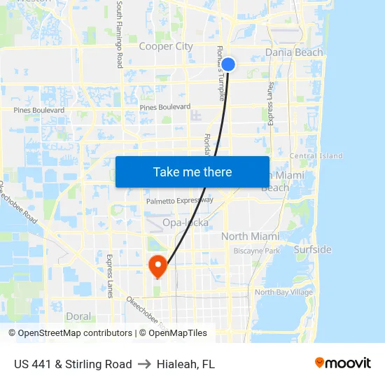 US 441 & Stirling Road to Hialeah, FL map