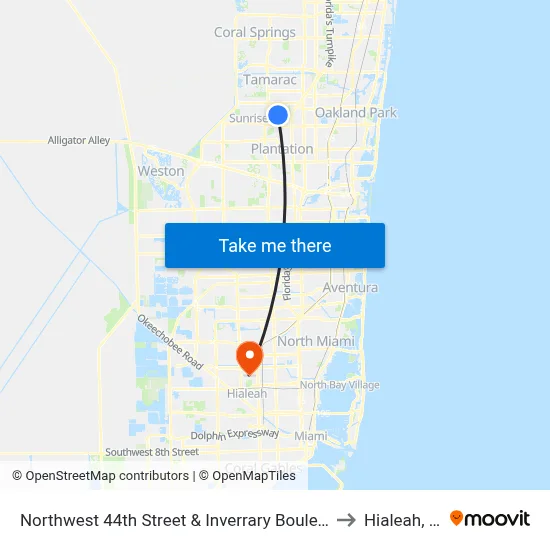 Northwest 44th Street & Inverrary Boulevard to Hialeah, FL map