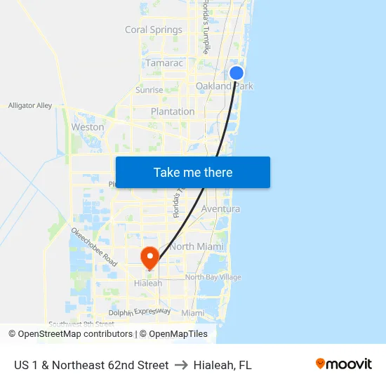 US 1 & Northeast 62nd Street to Hialeah, FL map