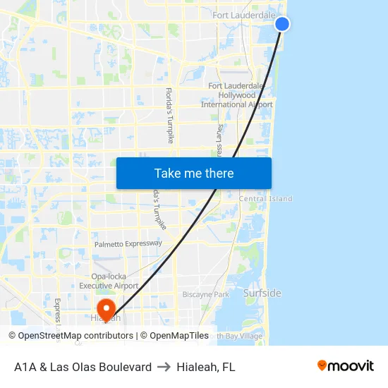 A1A & Las Olas Boulevard to Hialeah, FL map