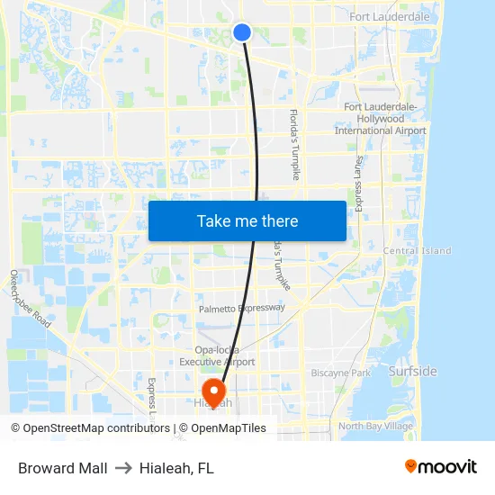Broward Mall to Hialeah, FL map
