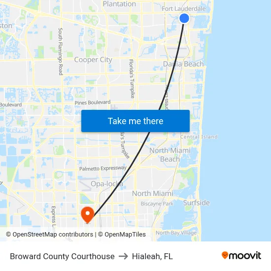 Broward County Courthouse to Hialeah, FL map