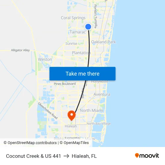 Coconut Creek & US 441 to Hialeah, FL map