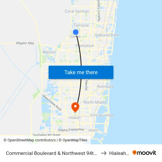 Commercial Boulevard & Northwest 94th Avenue to Hialeah, FL map