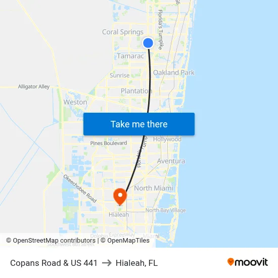 Copans Road & US 441 to Hialeah, FL map