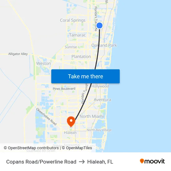 Copans Road/Powerline Road to Hialeah, FL map