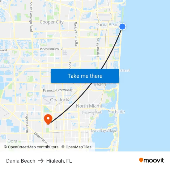 Dania Beach to Hialeah, FL map