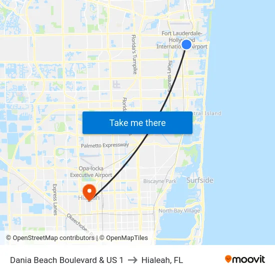 Dania Beach Boulevard & US 1 to Hialeah, FL map