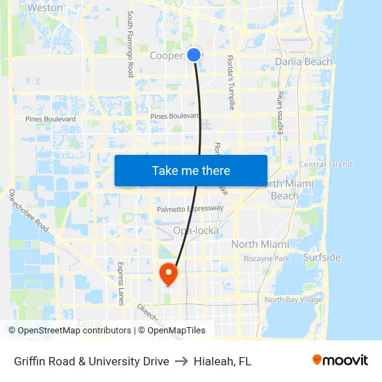 Griffin Road & University Drive to Hialeah, FL map