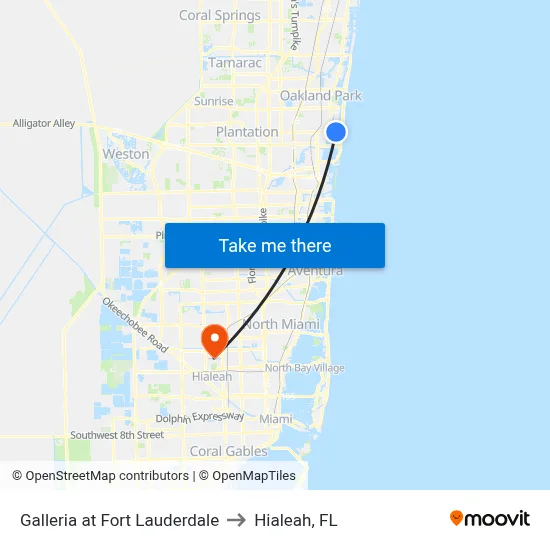 Galleria at Fort Lauderdale to Hialeah, FL map