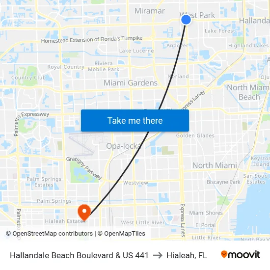 Hallandale Beach Boulevard & US 441 to Hialeah, FL map