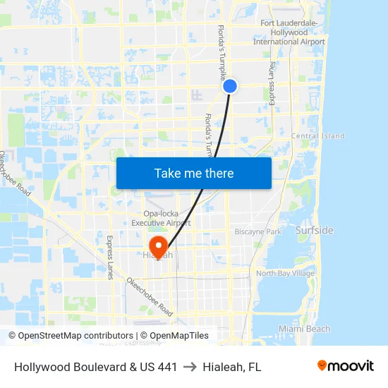 Hollywood Boulevard & US 441 to Hialeah, FL map