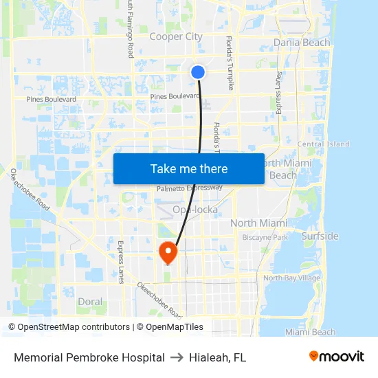 Memorial Pembroke Hospital to Hialeah, FL map