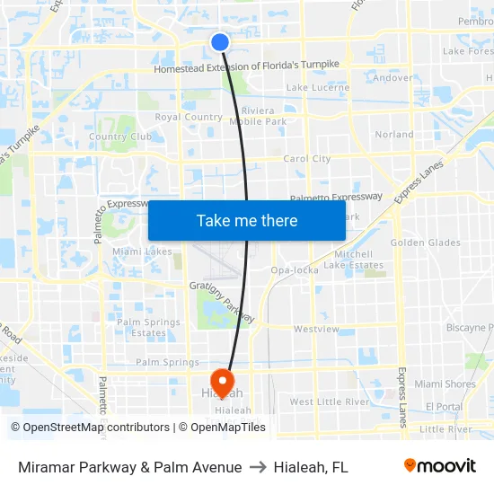 Miramar Parkway & Palm Avenue to Hialeah, FL map