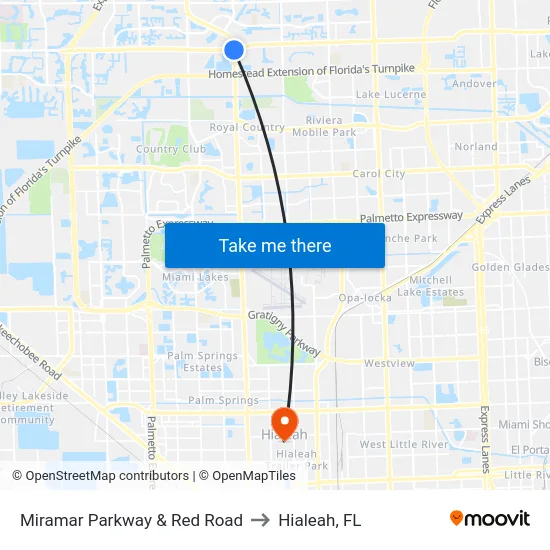 Miramar Parkway & Red Road to Hialeah, FL map