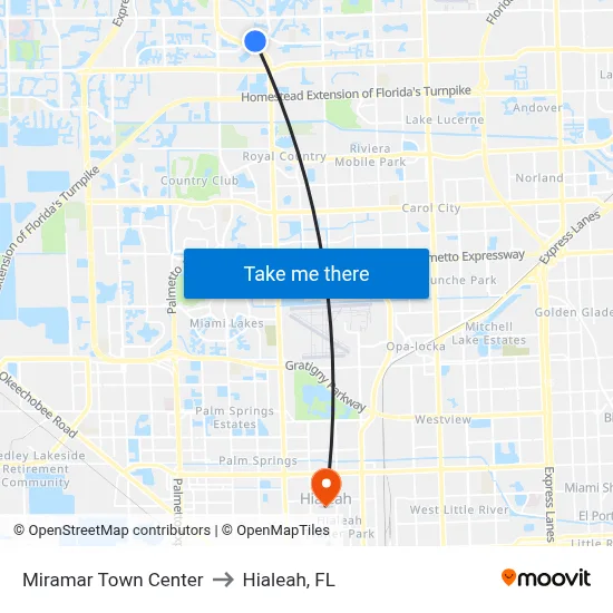 Miramar Town Center to Hialeah, FL map